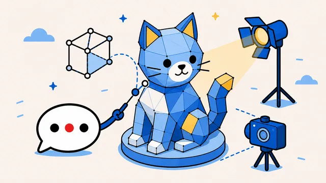 「Blender はじめの一歩」の教材表紙。立体の猫をライトとカメラで表現する様子。