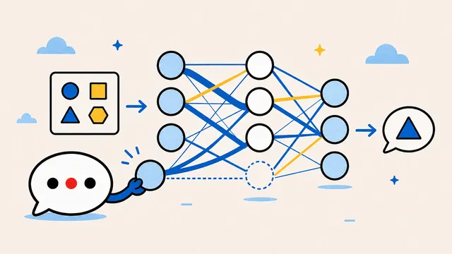 「AIのしくみ」の教材表紙。つながった計算のしくみが、図形を見分ける様子。